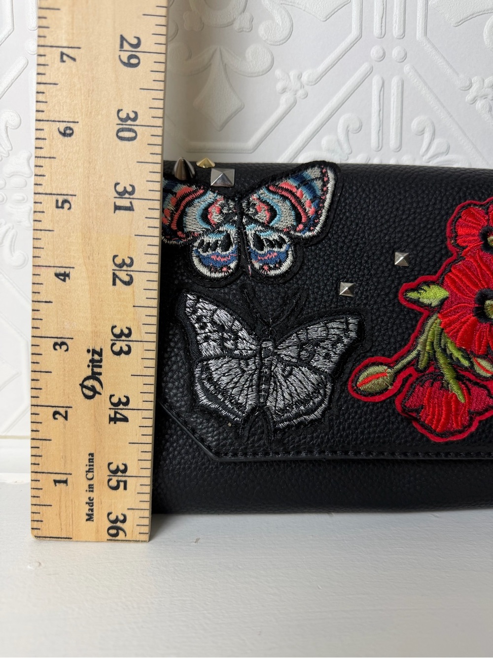 Black Embroidered Butterfly Floral Studded Wallet Wristlet Whimsigoth Y2K Clutch - Picture 9 of 10